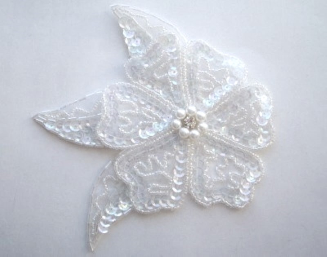 White Sequin Bead Rhinestone Center Applique