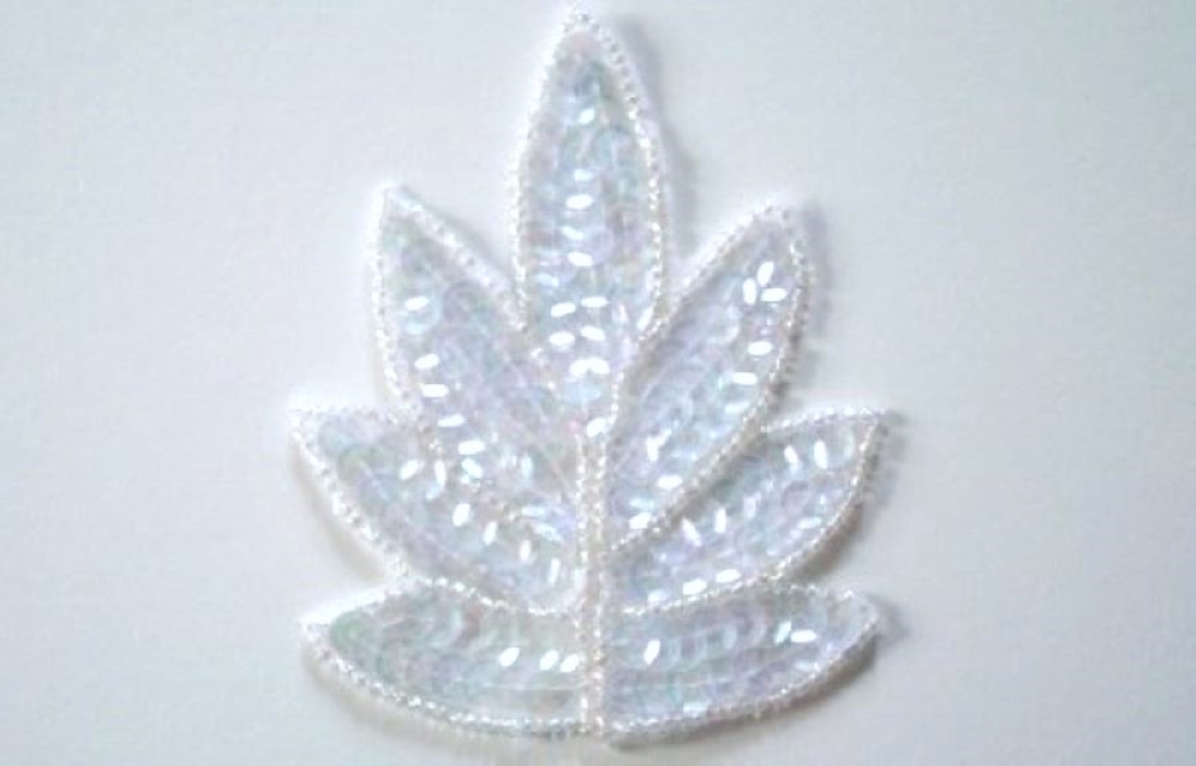 White Iridescent Sequin 3 3/4" Leaf Applique