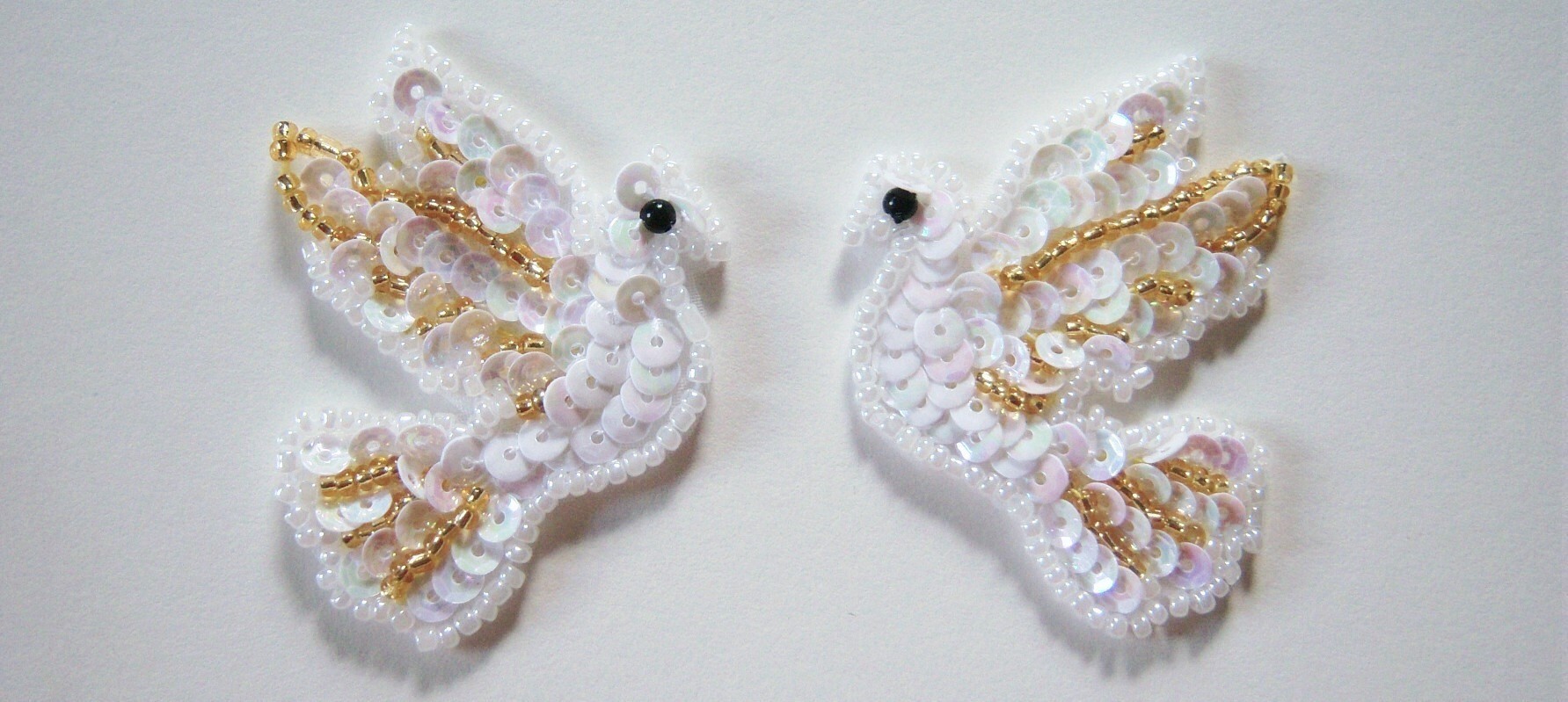 White Iridescent Sequin/Gold Bead Dove Pair