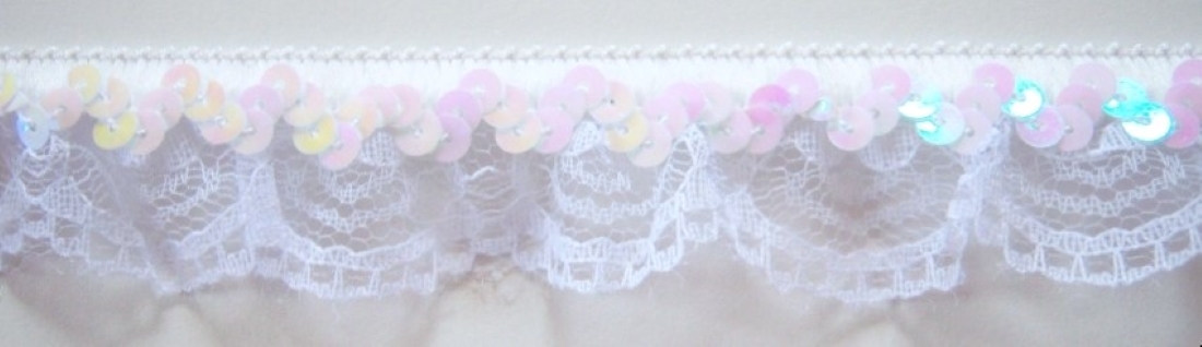 White Sequin Stretch/Ruffled 1 1/4" Lace