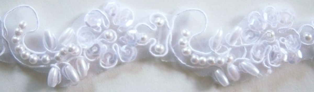 White Sequin/Bead 1" Organza Trim