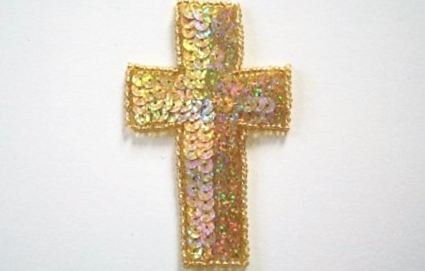 Gold Sequin/Bead 4 1/4"Cross Applique
