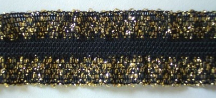 Black/Gold Metallic 1" Ruffled Elastic