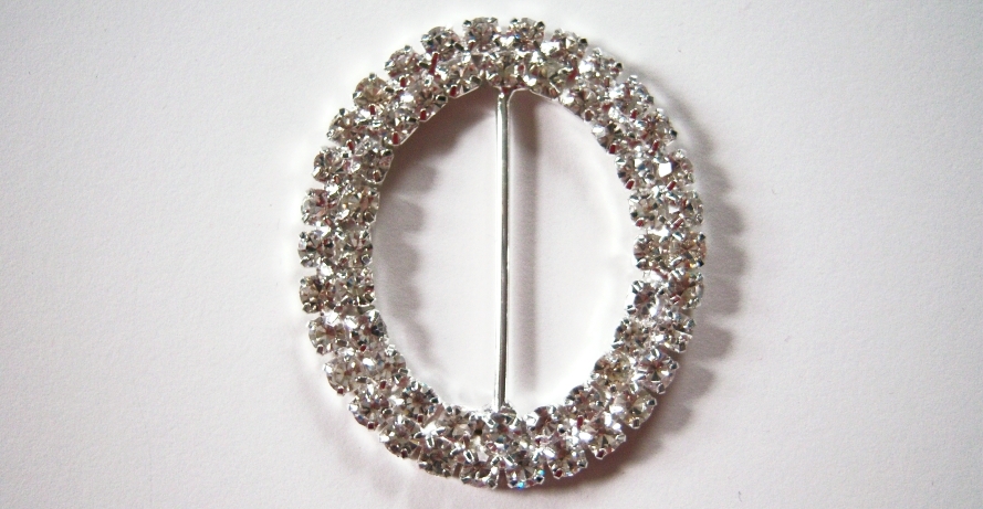 Silver 2 Row Austrian Crystal Rhinestone 2" x 2 1/4" Oval Buckle