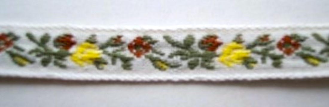 White/Lemon/Brown 3/8 Inch Floral Jacquard