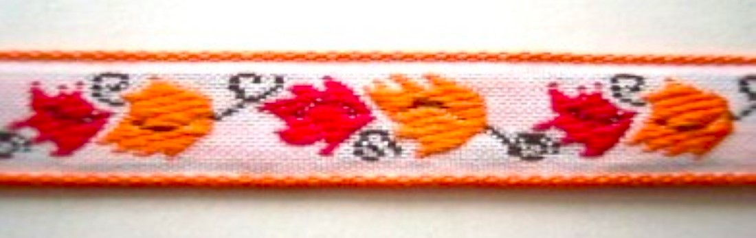 White/Gold/Red 1/2 Inch Leaves Jacquard