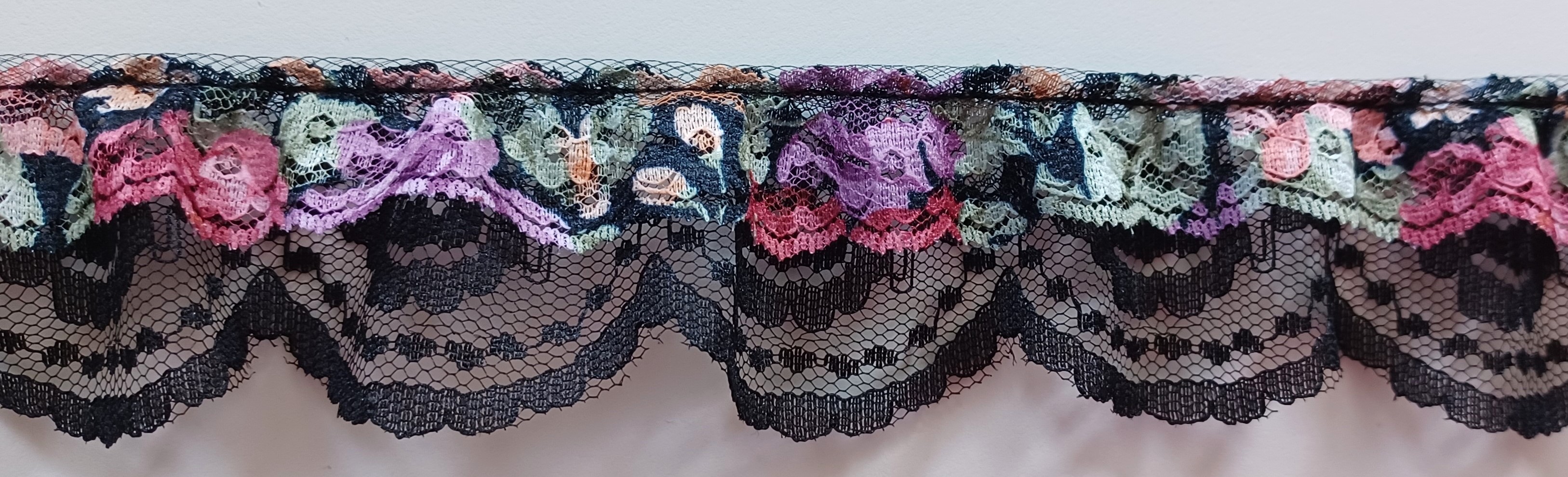 Black Floral/Black 2" Gathered Lace