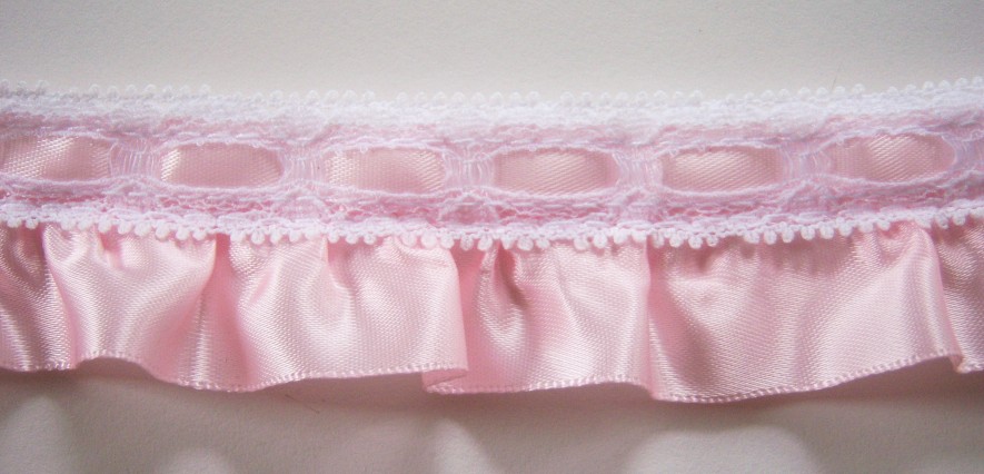 White/Pink Satin 1 1/4" Ruffled Lace