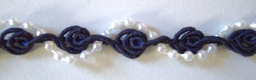 Navy Rosebraid/White Pearl 1/2" Trim