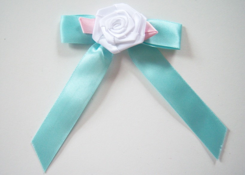 Aqua Satin/White 3" Rose Bow