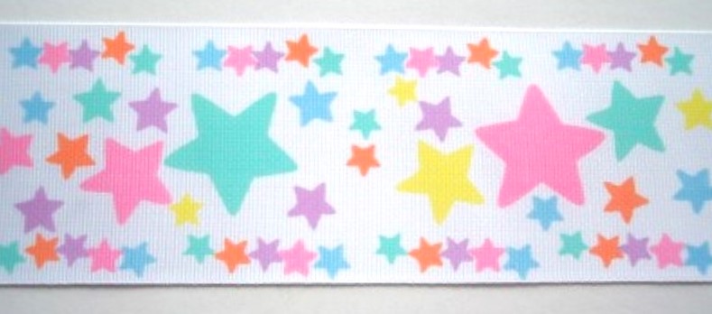 White/Pastel Stars 2 1/4" Grosgrain Ribbon