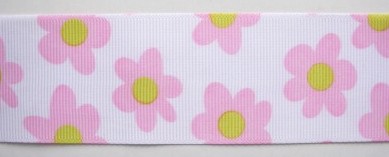 White/Pink Large Daisy 1 1/2" Grosgrain Ribbon