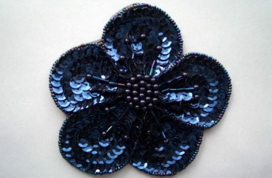Navy Sequin/Black Beads Daisy Applique