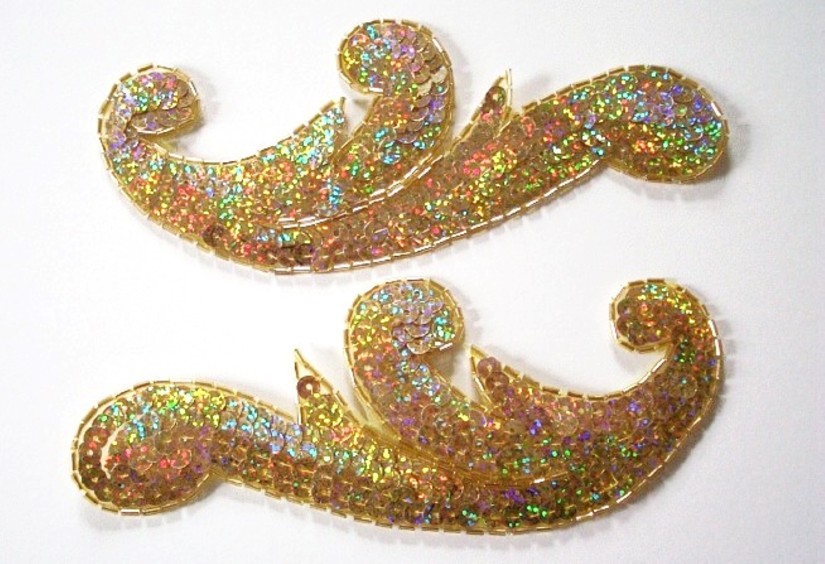 Gold Sequin/Bead 6 3/4" Scroll Pair