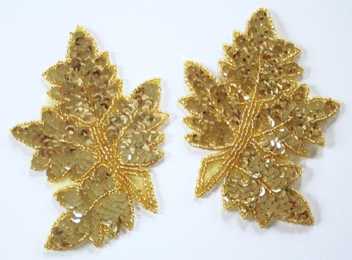Gold Sequin/Bead 5" Leaf Pair