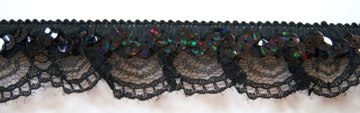 Black Sequin Stretch/Ruffled 1 1/4" Lace