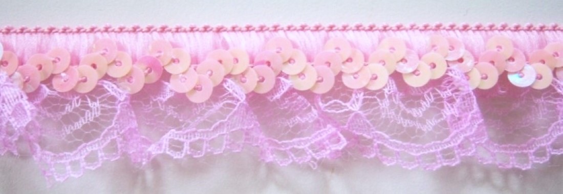 Pink Sequin Stretch/Ruffled 1 1/4" Lace