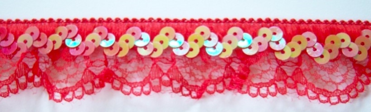 Red Sequin Stretch/Ruffled 1 1/4" Lace