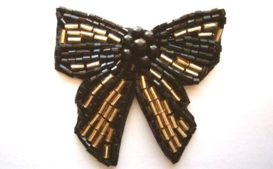 Black/Gold Bead 2" Sew On Bow Applique