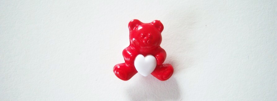 Red Sitting Bear Holding a White Heart 5/8" Shank Back Poly Button