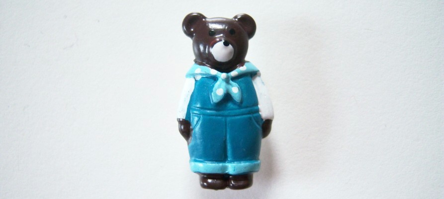 Brown Standing Bear/Blue Overalls 5/8" x 1 1/8" shank back poly button.