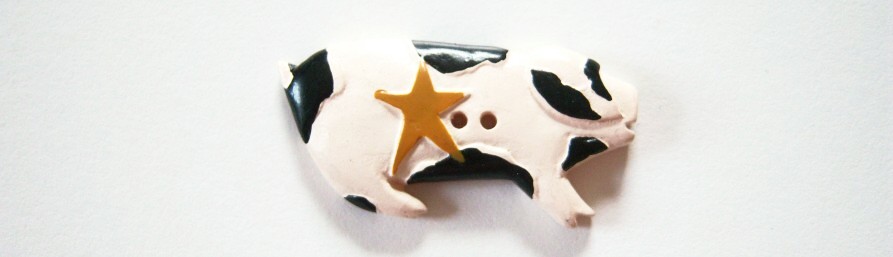 Ivory/Black Gold Star Hog 3/4" x 1 3/8" 2 hole clay button.