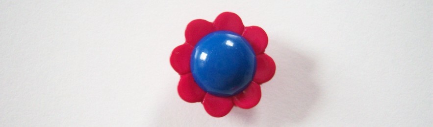 Hot pink scalloped border flower with royal half ball center 3/4" shank back shiny poly button.