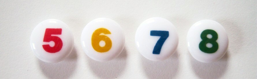 White 5-6-7-8 Shiny Button. Red number 5, gold number 6, royal number 7, and green number 8, 5/8" Shank Back 4 Poly Buttons