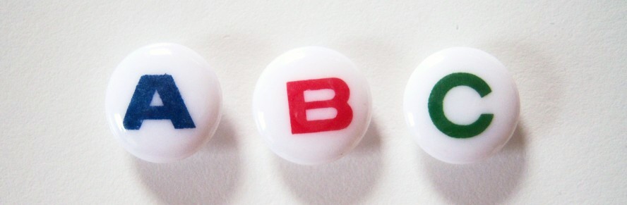 White A-B-C Shiny Button. Royal letter A, Red letter B, and green letter C 5/8" Shank Back Poly Buttons