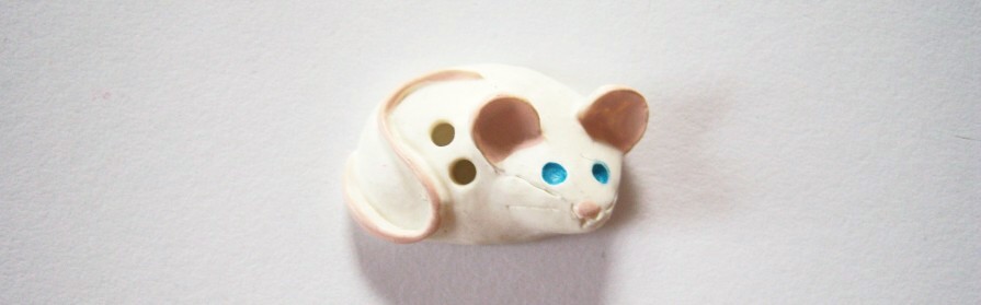 Ivory and pink eared mouse 5/8" x 1" two hole clay button.