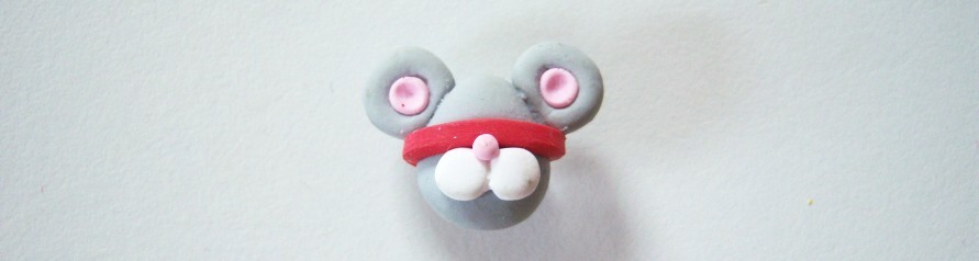JHB Grey/White muzzle, pink nose and inner ears mouse with red headband covering eyes 5/8" 3/4" with shank back nylon button.