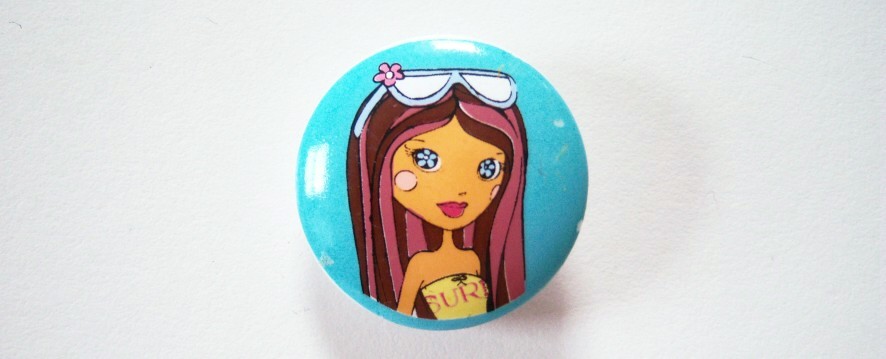 Round aqua sunglasses on head brunette girl 15/16" with shank back poly button.