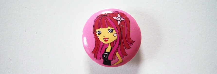 Round hot pink with ginger girl 15/16" with shank back poly button.