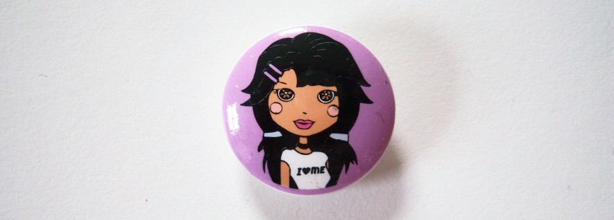 Round lavender with black hair girl 15/16" with shank back poly button.