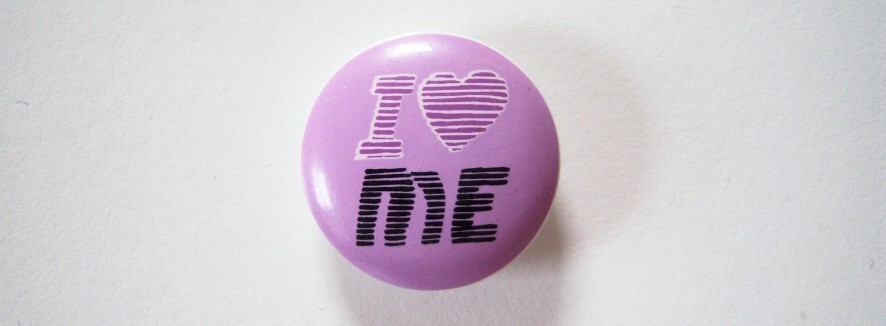 Round lavender with I heart Me 15/16" with shank back poly button.