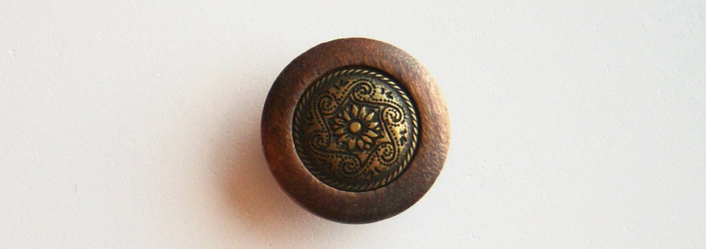 Brown Wood/Brass Metal Shank 15/16" Button