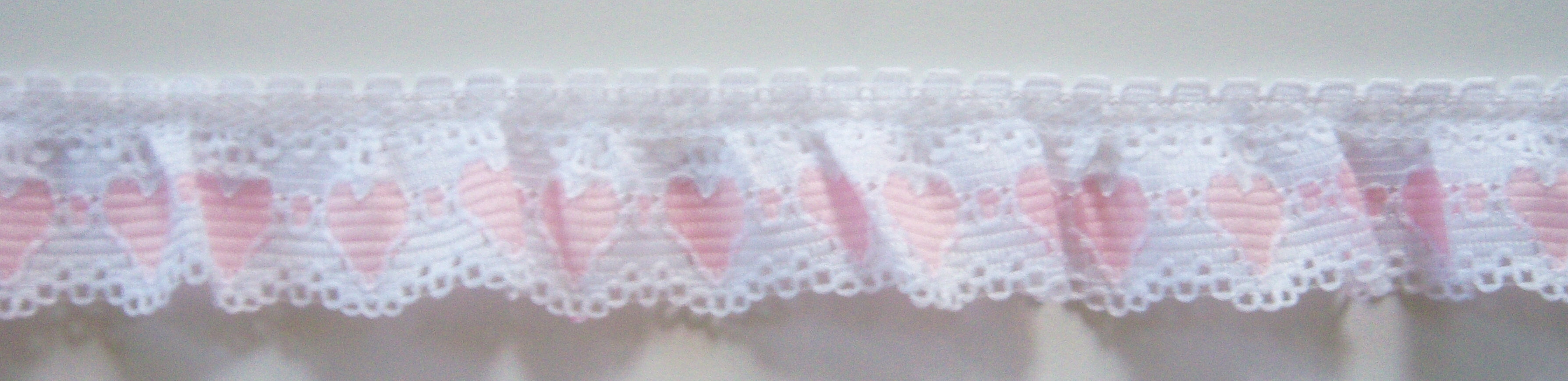 White/Pink Hearts 1" Ruffled Lace