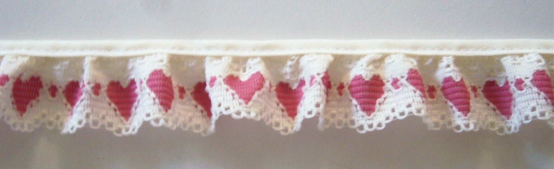 Ivory/Rasberry Hearts 1" Ruffled Lace