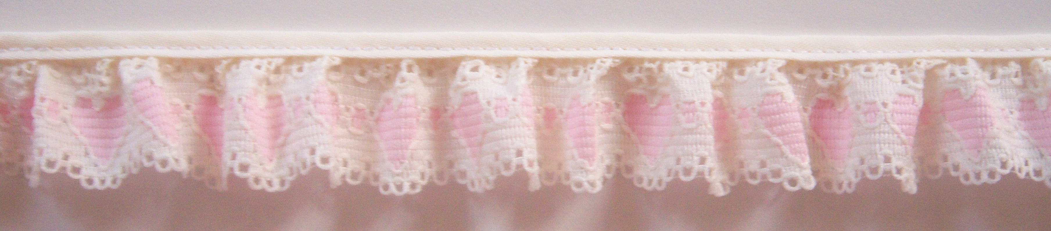 Ivory/Pink Hearts 1" Ruffled Lace