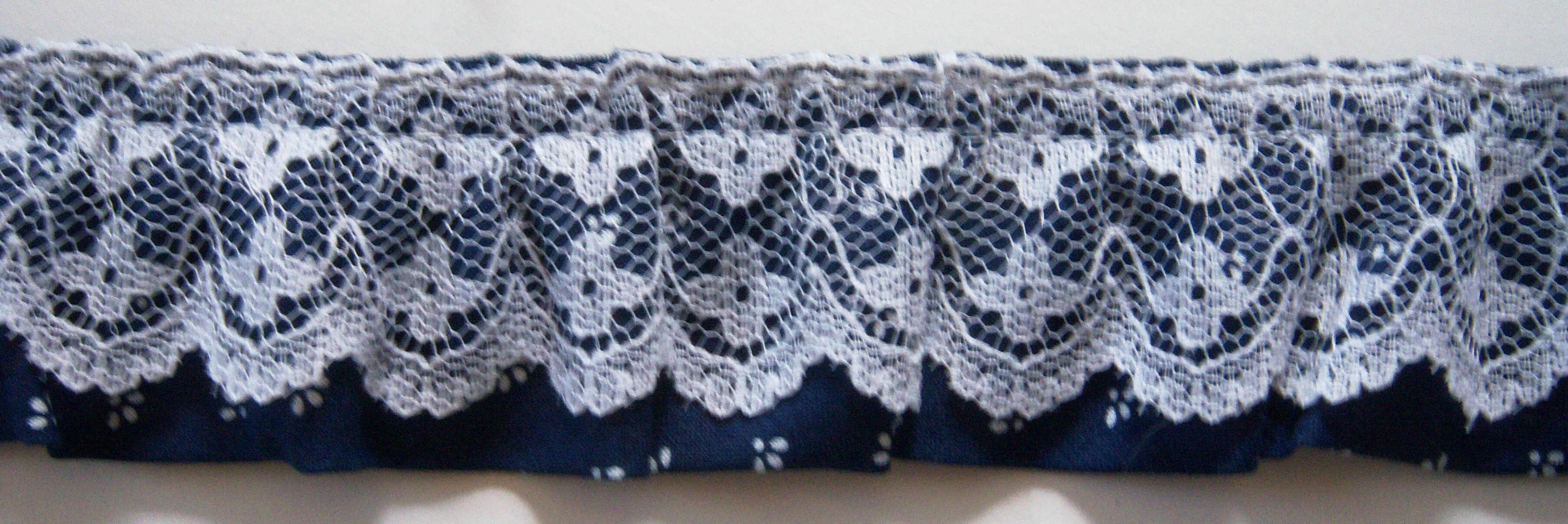 White Lace/Navy Print Ruffled Poly Cotton