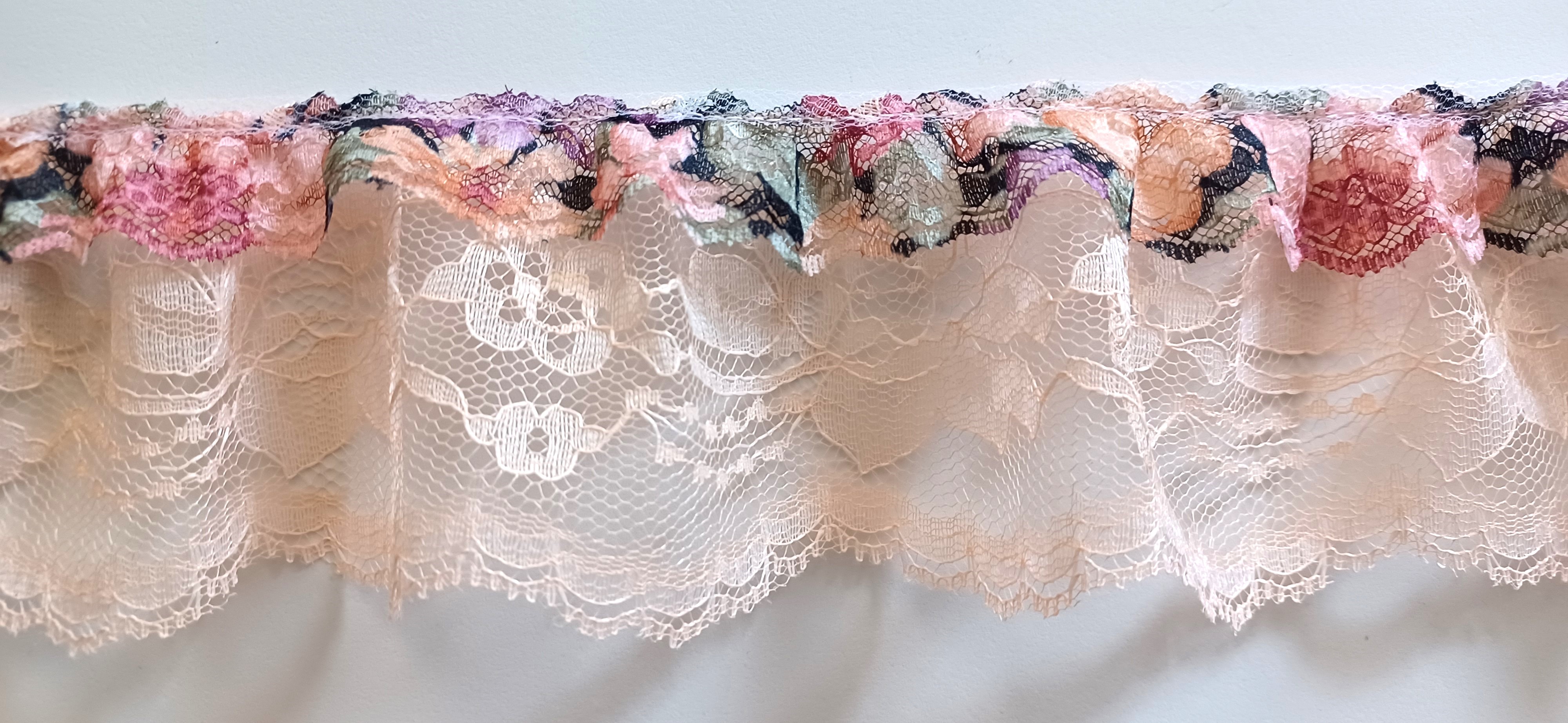 Black Floral/Peach 3" Gathered Lace