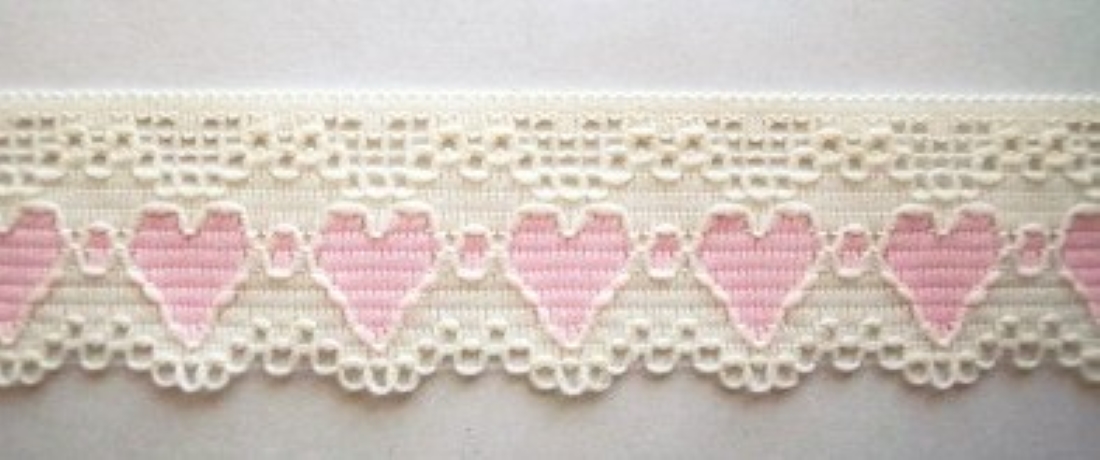 Ivory/Pink 1" Hearts Lace
