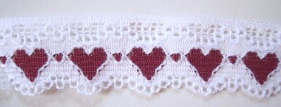 White/Burgundy 1" Hearts Lace