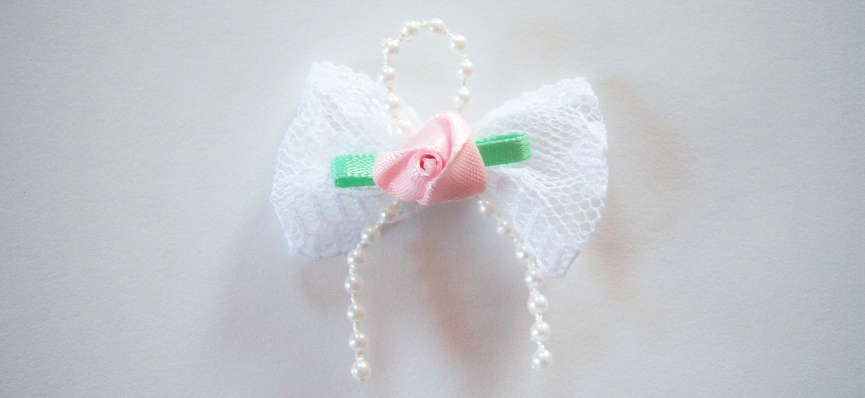 White/Pearls/Pink Rose Bow