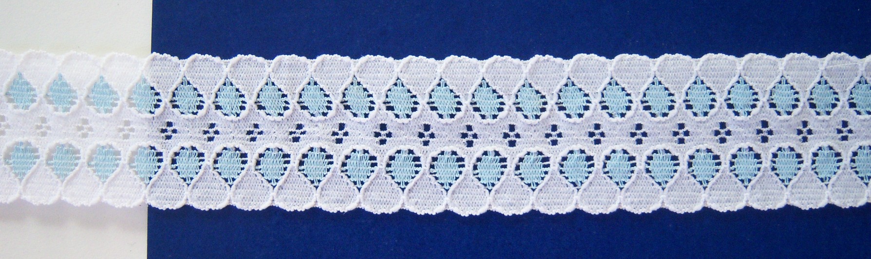 White/Crescent Blue 1 1/4" Stretch Lace