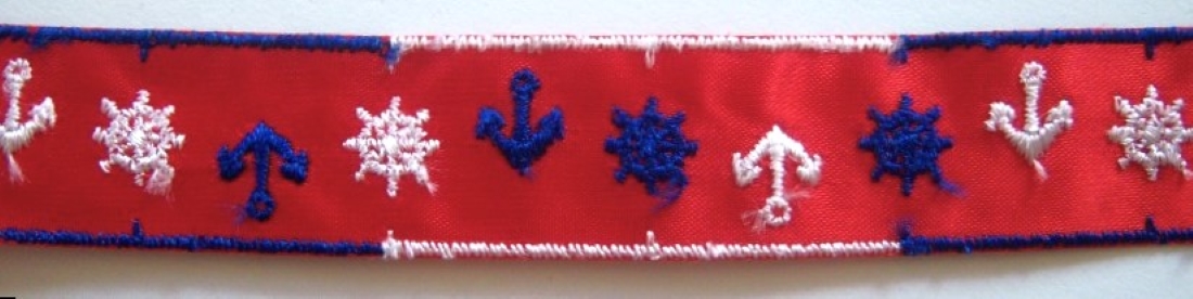 Red with White/Navy Anchors 7/8" Celanese Acetate Ribbon