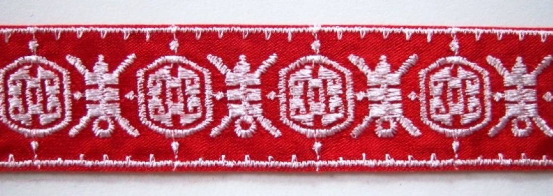 Red Satin/White Chinese Motif 1" Acetate Ribbon